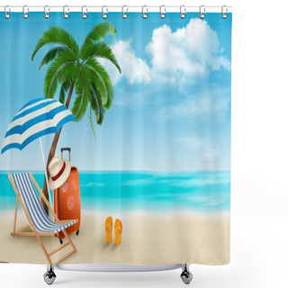 Personality  Beach With Palm Trees And Beach Chair. Summer Vacation Concept B Shower Curtains