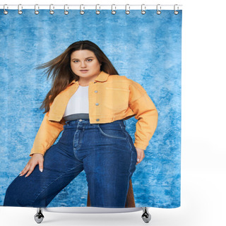 Personality  Body Positive And Brunette Plus Size Woman With Long Hair And Natural Makeup Wearing Crop Top, Orange Jacket And Denim Jeans While Posing And Looking At Camera On Mottled Blue Background Shower Curtains