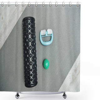 Personality  Top View Of Roller And Handle Massagers And Massage Ball Lying On Fitness Mat On Floor At Home, Natural Health Practices And Home-based Massage Concept, Health And Relaxation, Wellness Routine  Shower Curtains