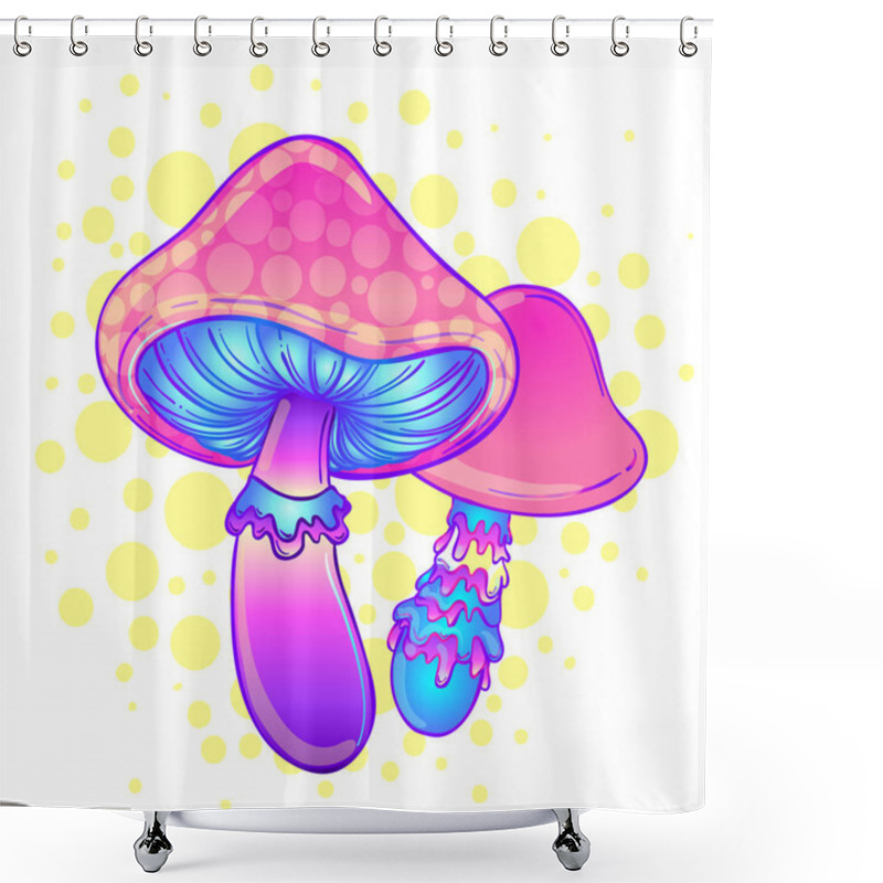 Personality  Magic Mushrooms. Psychedelic Hallucination. Vibrant Vector Illustration. 60s Hippie Colorful Art. Decoration In Ethnic Boho Style Tattoo. Shower Curtains