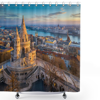 Personality  Budapest, Hungary - The Main Tower Of The Famous Fisherman's Bastion (Halaszbastya) From Above With Parliament Building And River Danube At Background On A Sunny Morning Shower Curtains