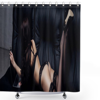 Personality  Panoramic Shot Of Sexy Webcam Model In Lingerie Using Laptop On Couch Shower Curtains