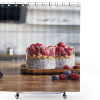 Personality  Selective Focus Of Yogurt With Chia Seeds, Oat Flakes And Raspberries On Wooden Tray In Kitchen Shower Curtains