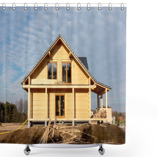 Personality  Building A House With Wooden Logs, Shower Curtains