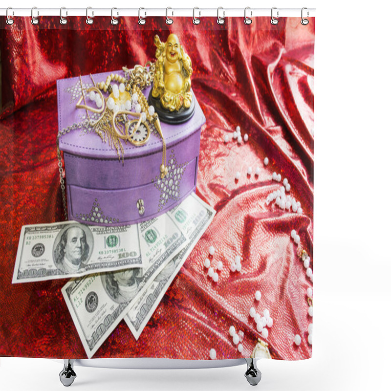 Personality  Box For Jewelry, Dollars And Golden Buddha On Red Background Shower Curtains