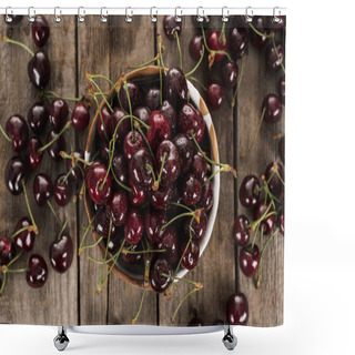 Personality  Top View Of Red, Fresh, Whole And Ripe Cherries Covered With Droplets On Bowl On Wooden Surface  Shower Curtains