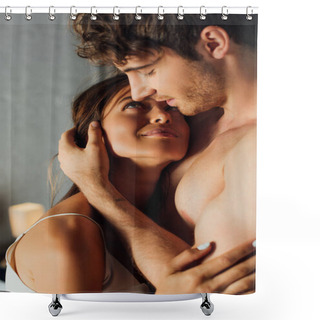 Personality  Selective Focus Of Muscular Man Hugging Girlfriend At Home  Shower Curtains
