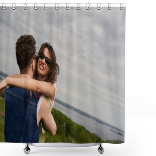 Personality  Smiling Brunette Woman In Summer Outfit And Sunglasses Embracing Stylish Boyfriend In Denim Vest With Rural Landscape And Cloudy Sky At Background, Love Story And Countryside Adventure Shower Curtains