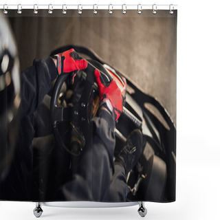 Personality  Top View Of Racer In Helmet Driving Go Kart Car On Indoor Circuit, Motorsport Competition Concept Shower Curtains