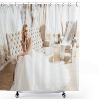 Personality  Young Bride In Tulle Dress Sitting On Sofa In Wedding Salon Shower Curtains