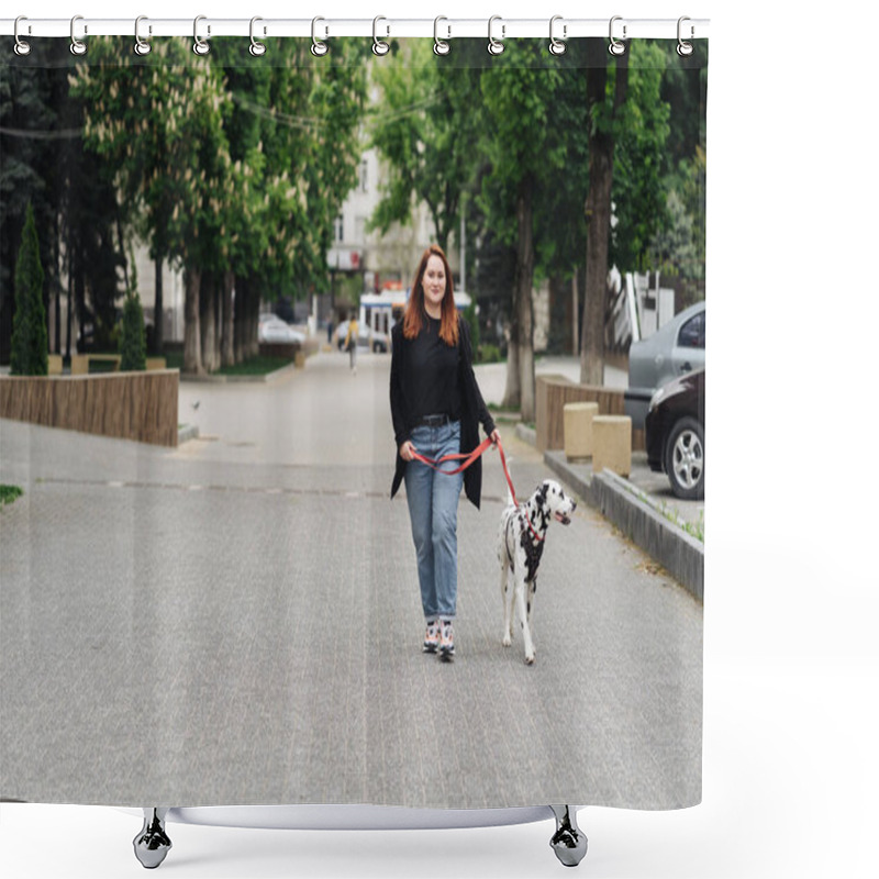 Personality  Woman Walking, Discussing And Playing With Her Dalmatian Pet In The City Shower Curtains