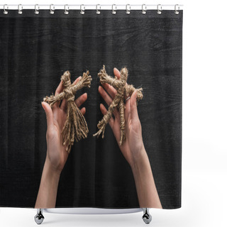 Personality  Cropped View Of Witch Holding Voodoo Dolls In Hands On Black  Shower Curtains