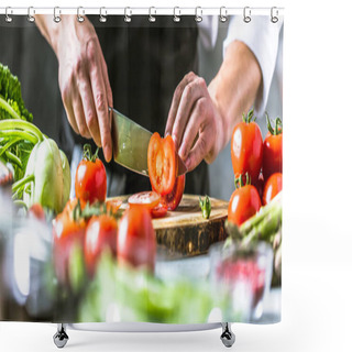 Personality  Chef Cook Preparing Vegetables In His Kitchen Shower Curtains