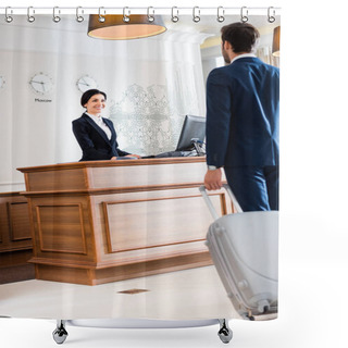 Personality  Selective Focus Of Attractive Receptionist Looking At Businessman Walking With Luggage  Shower Curtains