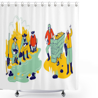 Personality  Golden Rush And Gold-washing Concept Prospector Characters Panning For Nuggets In Stream At Western Mining Camp, Bandits With Weapon Steal Prills, Wild West Theme. Linear People Vector Illustration Shower Curtains