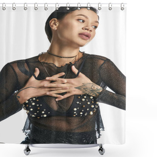 Personality  A Stylish Woman With Pearl Embellishments On Her Chest Poses In A Sheer Top In A Studio Setting. Shower Curtains