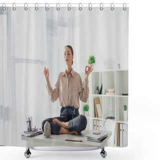 Personality  Attractive Businesswoman Meditating In Lotus Pose With Gyan Mudra At Workplace With Buddha Head And Incense Stick Shower Curtains