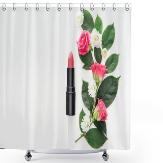 Personality  Top View Of Flowers Composition With Lipstick Isolated On White Shower Curtains