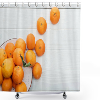 Personality  Top View Of Ripe Orange Tangerines Scattered From Plate On Wooden White Background Shower Curtains