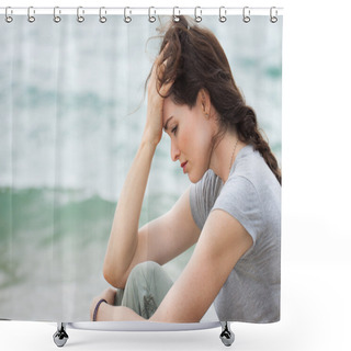 Personality  Sad And Upset Woman Deep In Thought Shower Curtains