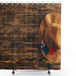 Personality  Top View Of Felt Hat, Artificial Flower And Australian Flag On Wooden Surface, Anzac Day Concept  Shower Curtains