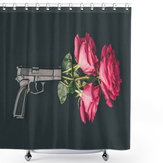 Personality  Bouquet Of Red Roses Shooting From Gun Isolated On Black Shower Curtains