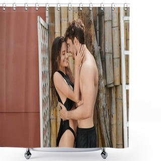 Personality  Happy Couple Standing Near Bamboo Wall And Embracing Each Other, Shirtless Man And Smiling Woman Shower Curtains
