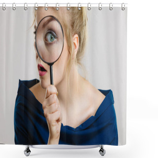 Personality  Blonde Woman Holding Magnifying Glass Investigating Something And Looking Closely, Trying To Find Solution. Shower Curtains