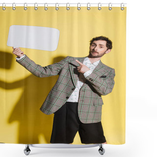 Personality  Charming Guy In Jacket Pointing At Empty Speech Bubble On Yellow Background  Shower Curtains