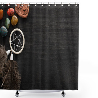 Personality  Top View Of Dreamcatcher, Fortune Telling Stones And Magic Rune On Dark Wooden Background Shower Curtains