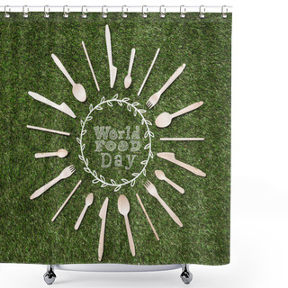 Personality  Top View Of Wooden Spoons With Forks And Knives In Shape Of Sun Lying On Grass, World Food Day Inscription Shower Curtains