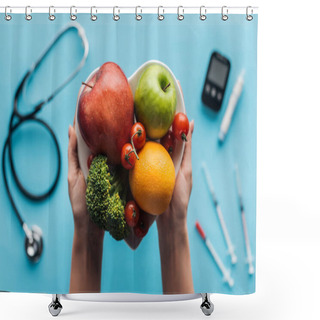 Personality  Fruits And Vegetables In Female Hands With Medical Equipment On Blue Background Shower Curtains