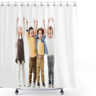 Personality  Cheerful Multiethnic Children Playing And Pointing Up Isolated On White Shower Curtains