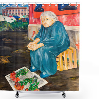 Personality  Old Woman Sells Flowers On The Street. Oil Painting Shower Curtains