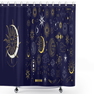Personality  Set Of Celestial Mystic Esoteric Magic Elements Sun Moon And Clouds Different Stages Of Moon, Zodiac Signs. Alchemy Tattoo Object Logo Template. Vector Shower Curtains