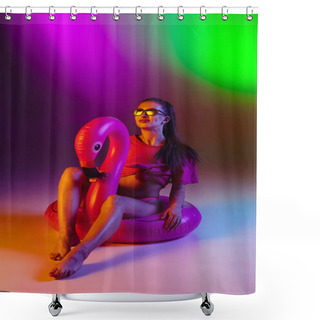 Personality  Beautiful Seductive Girl In Fashionable Swimsuit On Disco Bicolored Neon Studio Background In Neon Light. Summer, Resort, Fashion And Weekend Concept Shower Curtains