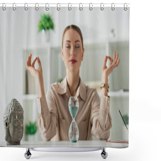 Personality  Selective Focus Of Businesswoman Meditating With Closed Eyes And Gyan Mudra At Workplace With Buddha Head, Sand Clock And Incense Stick Shower Curtains