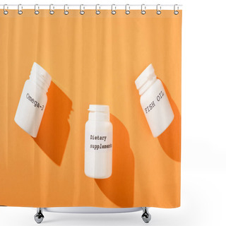 Personality  Top View Of Containers With Omega-3, Fish Oil And Dietary Supplements Lettering On Orange Background Shower Curtains