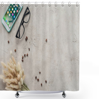Personality  Top View Of Smartphone With Ios Homescreen With Eyeglasses, Spilled Coffee Beans And Lagurus Ovatus Bouquet On Concrete Surface Shower Curtains