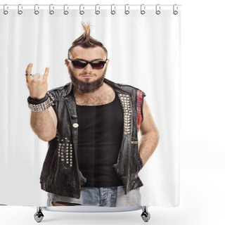 Personality  Young Punker Doing A Rock Hand Gesture Shower Curtains