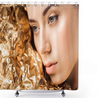 Personality  Portrait Of Young Woman With Shiny Makeup Near Golden Foil Looking Away Shower Curtains