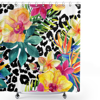 Personality  Tropical Watercolor Flowers And Leaves On Animal Print Shower Curtains
