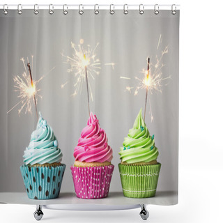 Personality  Three Cupcakes With Sparklers Shower Curtains