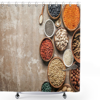 Personality  Top View Of Superfoods, Legumes And Healthy Ingredients On Rustic Background With Copy Space Shower Curtains