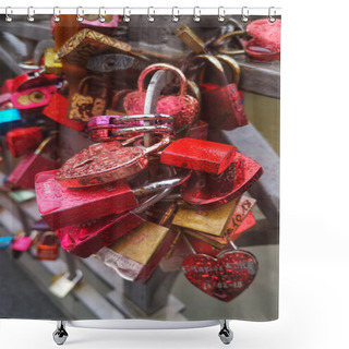 Personality  A Vertical Shot Of The Vibrant Metal Love Locks At The N Seoul Tower In South Korea Shower Curtains