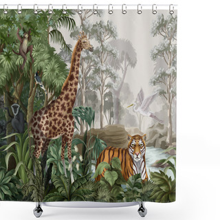 Personality  Jungle Landscape With Wild Animals For Kids. Vector Shower Curtains