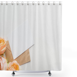 Personality  Top View Of Empty Blank With Brown Envelope And Pink Roses On Grey Background Shower Curtains