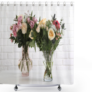 Personality  Beautiful Bouquets With Fresh Flowers On Table Against White Brick Wall Shower Curtains