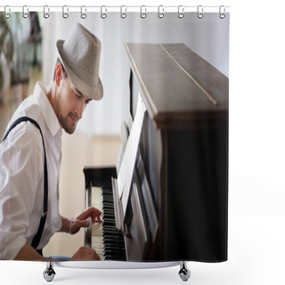 Personality  Man In Hat Making Piano Music Shower Curtains