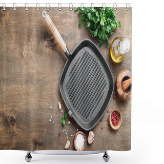 Personality  Empty Cast-iron Grill Pan With Ingredients For Cooking On Wooden Background, Top View Shower Curtains